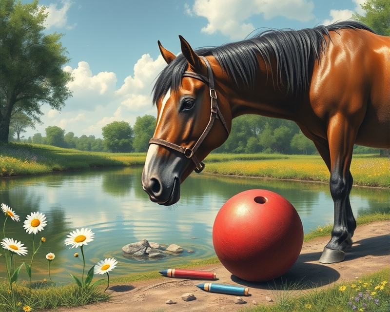 horse, bowling ball, pond, daisy, crayon